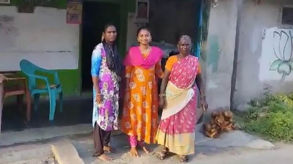 One of the three women (in the middle) who will become a temple priest in Tamil Nadu