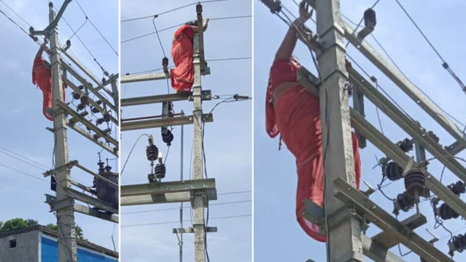 Woman Climbs Electric Pole