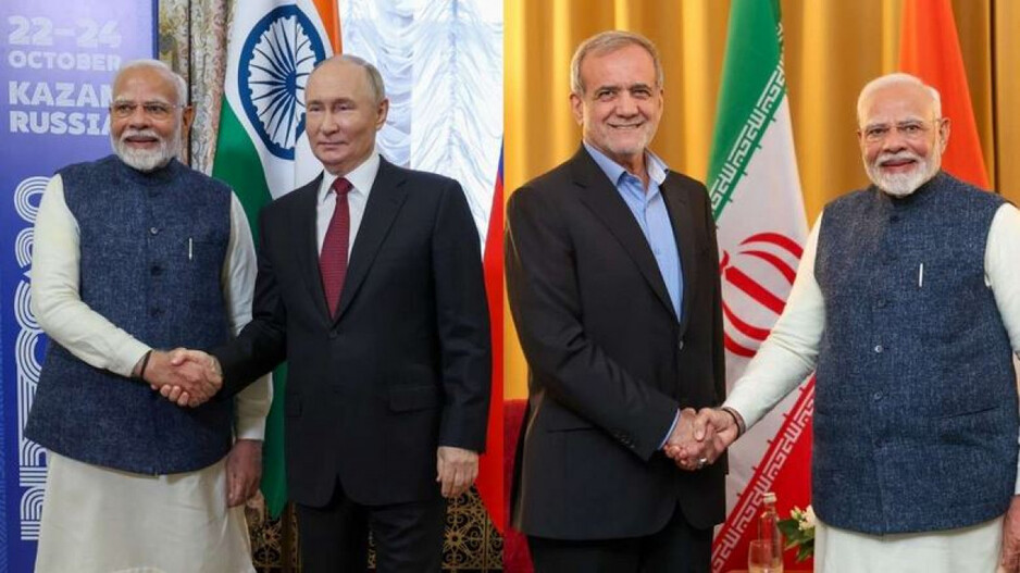 Prime Minister Narendra Modi with Russian President Vladimir Putin and Iranian President Masoud Peze