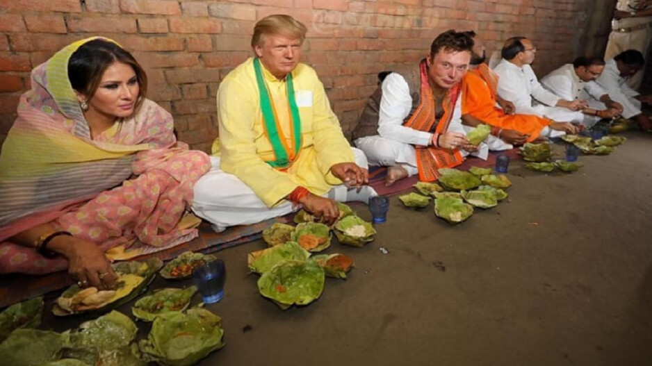 Donald Trump and Elon Musk reimagined as Indian politicians on a campaign trail.